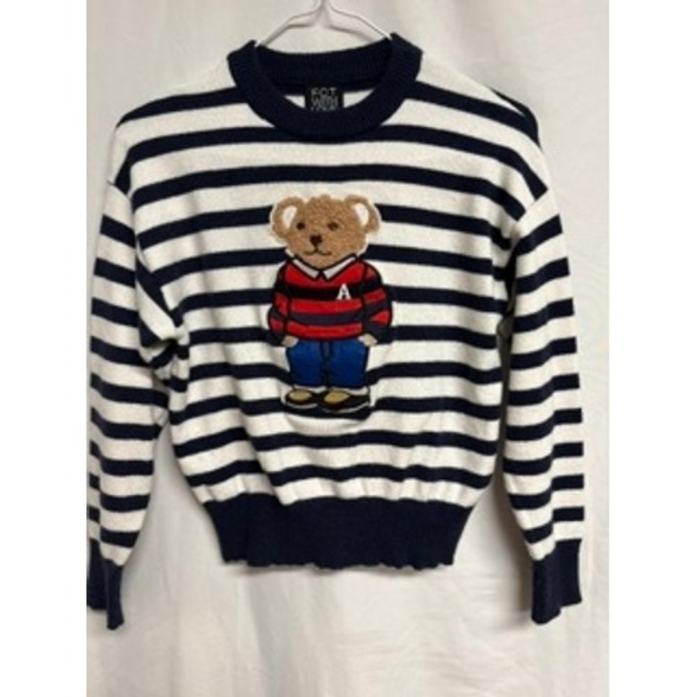 FCT WITH LOVE Kids Navy White Striped Teddy Bear Knit Sweater Small